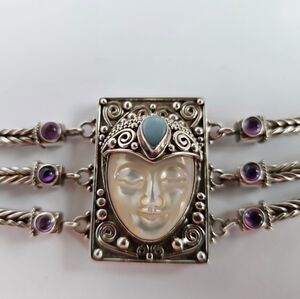 Sajen Sterling Silver Carved Face Multi-Strand Bracelet Opal Amethyst